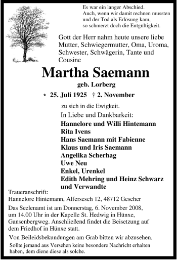 Traueranzeige von Martha Saemann von Tageszeitung