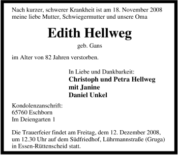 Traueranzeige von Edith Hellweg von Tageszeitung