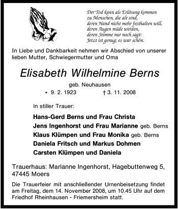 Traueranzeige von Elisabeth Wilhelmine Berns von Tageszeitung