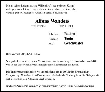 Traueranzeige von Alfons Wanders von Tageszeitung