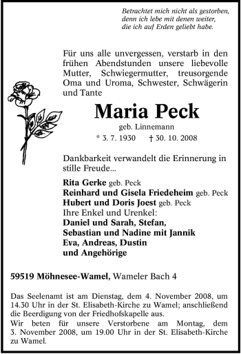 Traueranzeige von Maria Peck von Tageszeitung