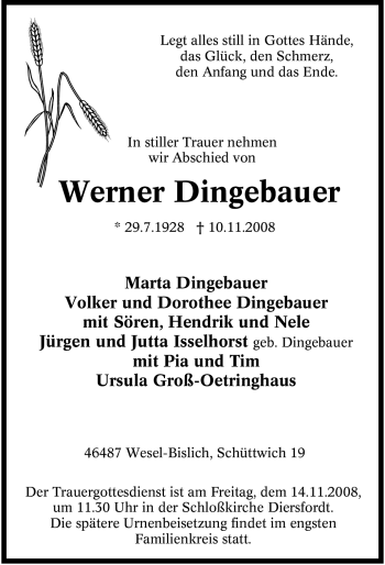 Traueranzeige von Werner Dingebauer von Tageszeitung