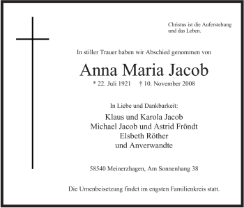 Traueranzeige von Anna Maria Jacob von Tageszeitung