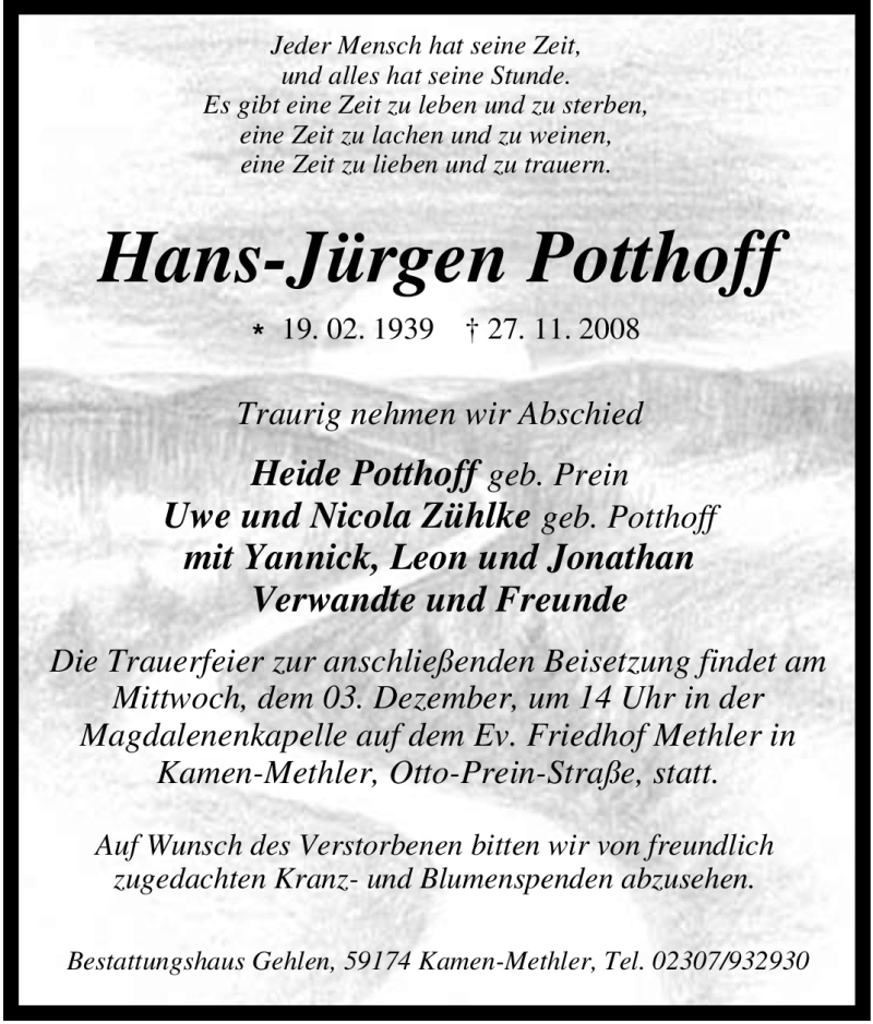  Traueranzeige für Hans-Jürgen Potthoff vom 29.11.2008 aus Tageszeitung
