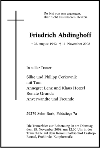 Traueranzeige von Friedrich Abdinghoff von Tageszeitung