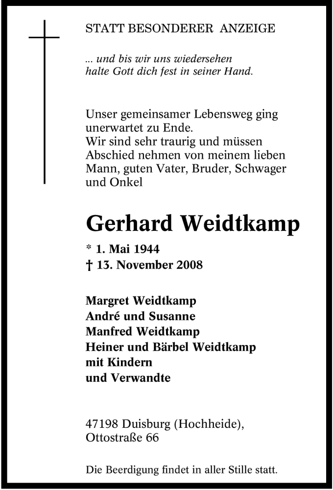  Traueranzeige für Gerhard Weidtkamp vom 15.11.2008 aus Tageszeitung