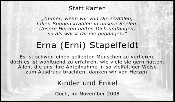 Traueranzeige von Erna (Erni) Stapelfeldt von Tageszeitung