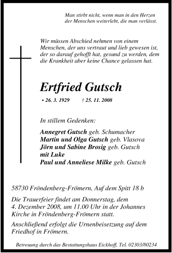 Traueranzeige von Ertfried Gutsch von Tageszeitung