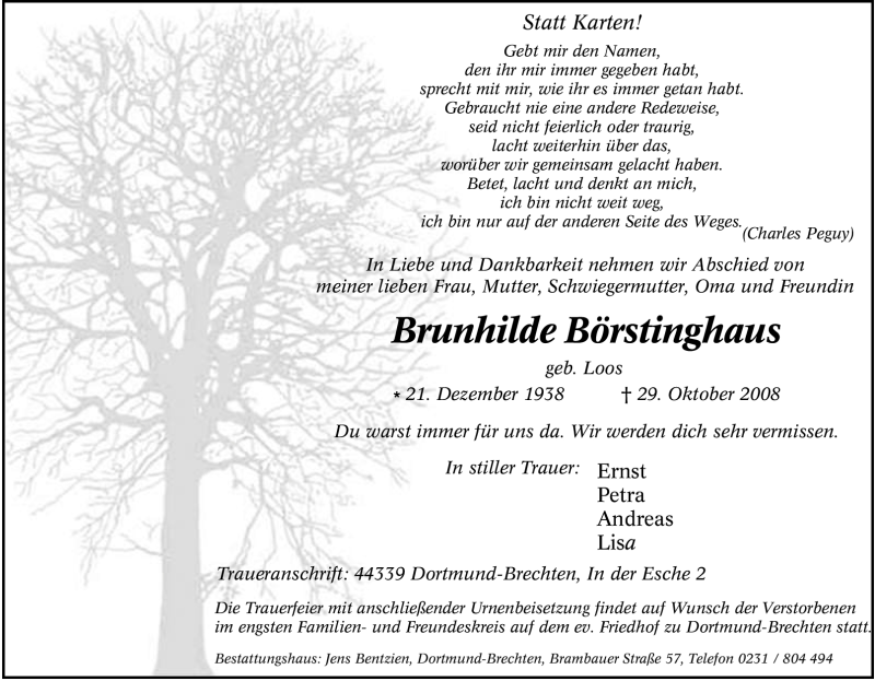 Traueranzeige für Brunhilde Börstinghaus vom 01.11.2008 aus Tageszeitung