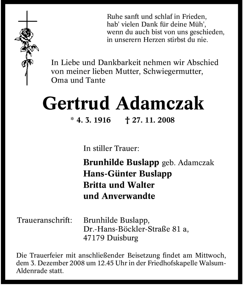  Traueranzeige für Gertrud Adamczak vom 29.11.2008 aus Tageszeitung