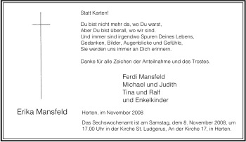 Traueranzeige von Erika Mansfeld von Tageszeitung