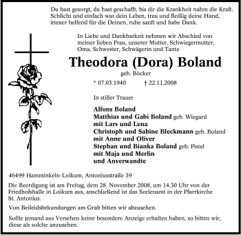 Traueranzeige von Theodora (Dora) Boland von Tageszeitung