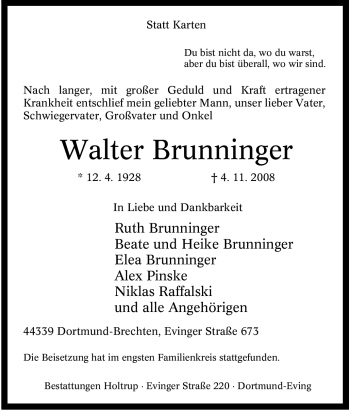Traueranzeige von Walter Brunninger von Tageszeitung