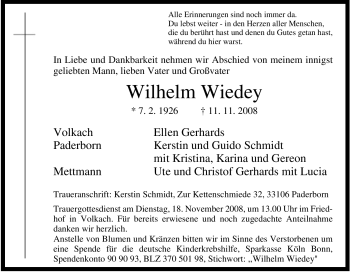 Traueranzeige von Wilhelm Wiedey von Tageszeitung