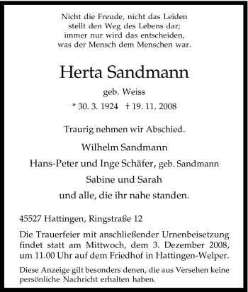 Traueranzeige von Herta Sandmann von Tageszeitung