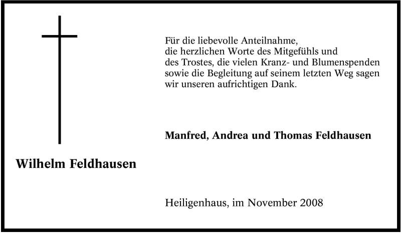  Traueranzeige für Wilhelm Feldhausen vom 21.11.2008 aus Tageszeitung