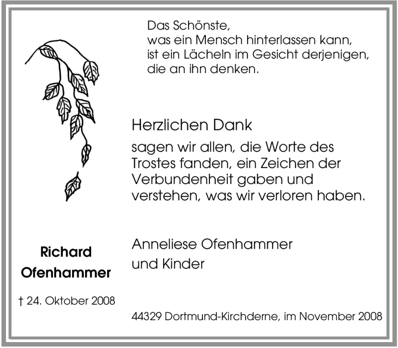  Traueranzeige für Richard Ofenhammer vom 25.11.2008 aus Tageszeitung