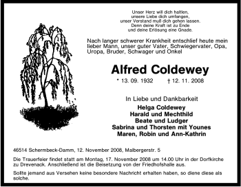 Traueranzeige von Alfred Coldewey von Tageszeitung