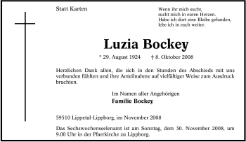 Traueranzeige von Luzia Bockey von Tageszeitung
