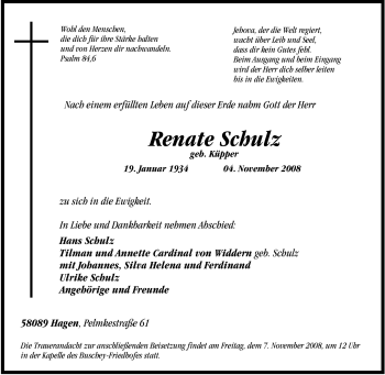 Traueranzeige von Renate Schulz von Tageszeitung