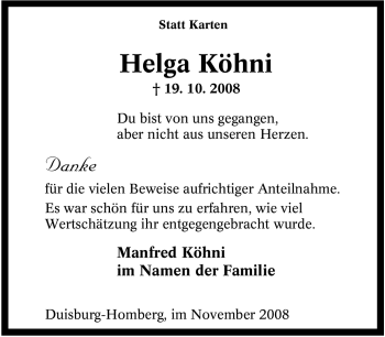 Traueranzeige von Helga Köhni von Tageszeitung