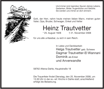 Traueranzeige von Heinz Trautvetter von Tageszeitung