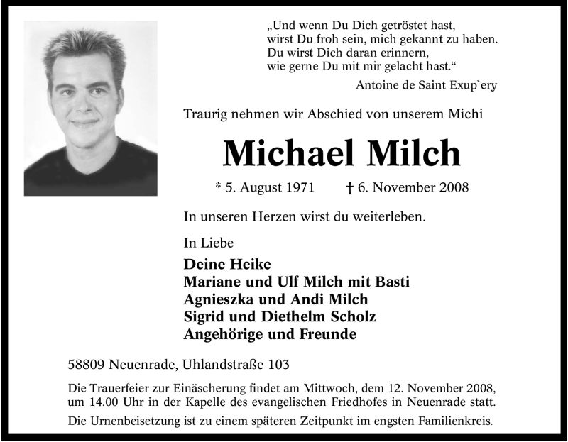  Traueranzeige für Michael Milch vom 10.11.2008 aus Tageszeitung