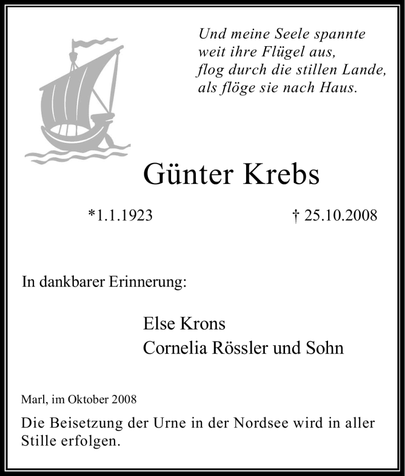  Traueranzeige für Günter Krebs vom 01.11.2008 aus Tageszeitung