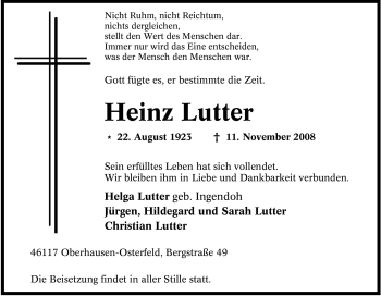 Traueranzeige von Heinz Lutter von Tageszeitung