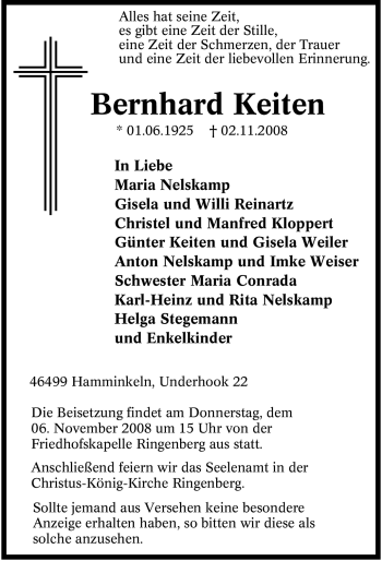 Traueranzeige von Bernhard Keiten von Tageszeitung