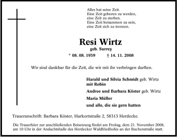 Traueranzeige von Resi Wirtz von Tageszeitung