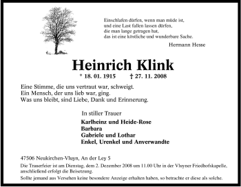 Traueranzeige von Heinrich Klink von Tageszeitung