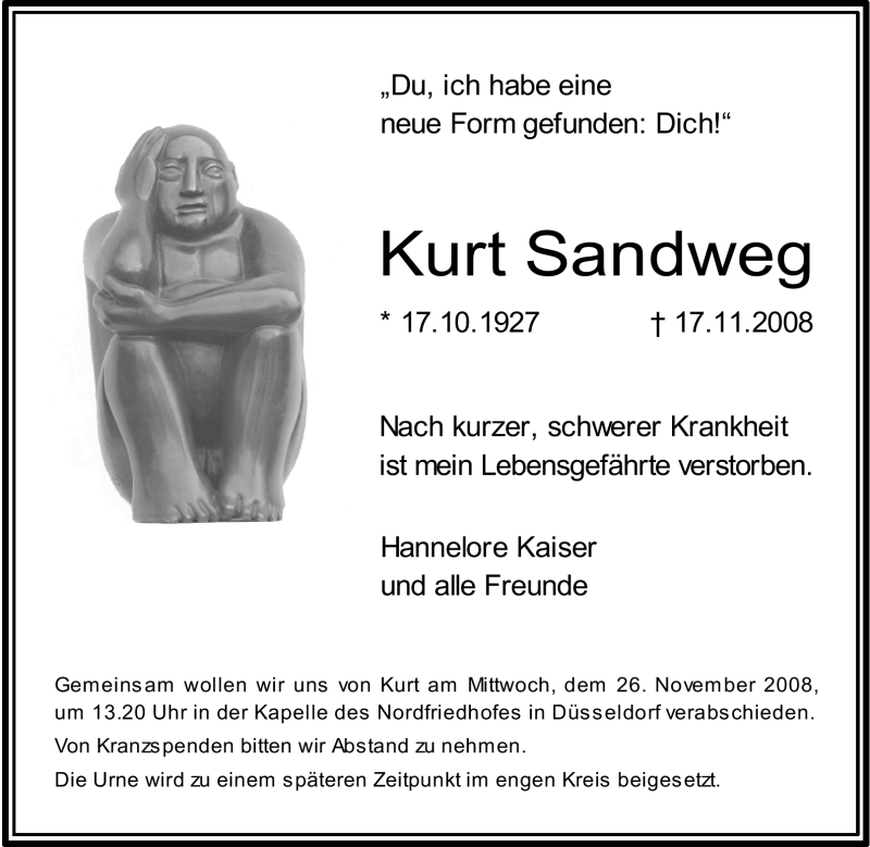  Traueranzeige für Kurt Sandweg vom 22.11.2008 aus Tageszeitung