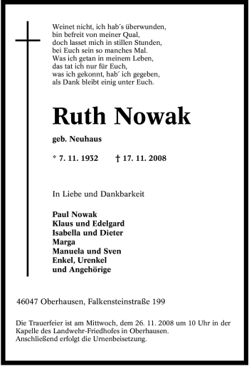 Traueranzeige von Ruth Nowak von Tageszeitung