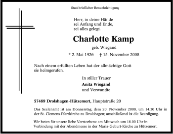 Traueranzeige von Charlotte Kamp von Tageszeitung
