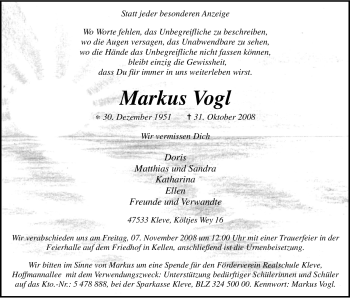Traueranzeige von Markus Vogl von Tageszeitung