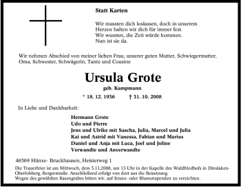 Traueranzeige von Ursula Grote von Tageszeitung