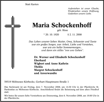 Traueranzeige von Maria Schockenhoff von Tageszeitung