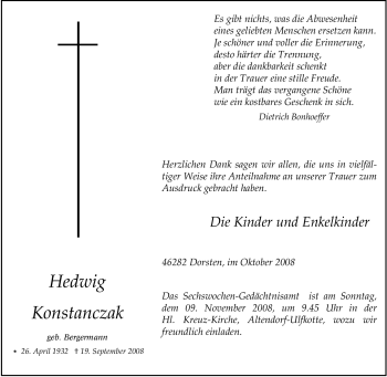 Traueranzeige von Hedwig Konstanczak von Tageszeitung