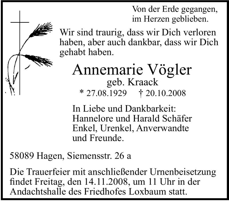  Traueranzeige für Annemarie Vögler vom 08.11.2008 aus Tageszeitung