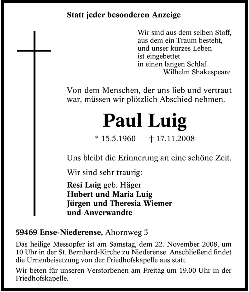  Traueranzeige für Paul Luig vom 18.11.2008 aus Tageszeitung