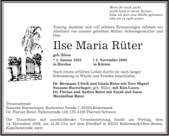 Traueranzeige von Ilse Maria Rüter von Tageszeitung