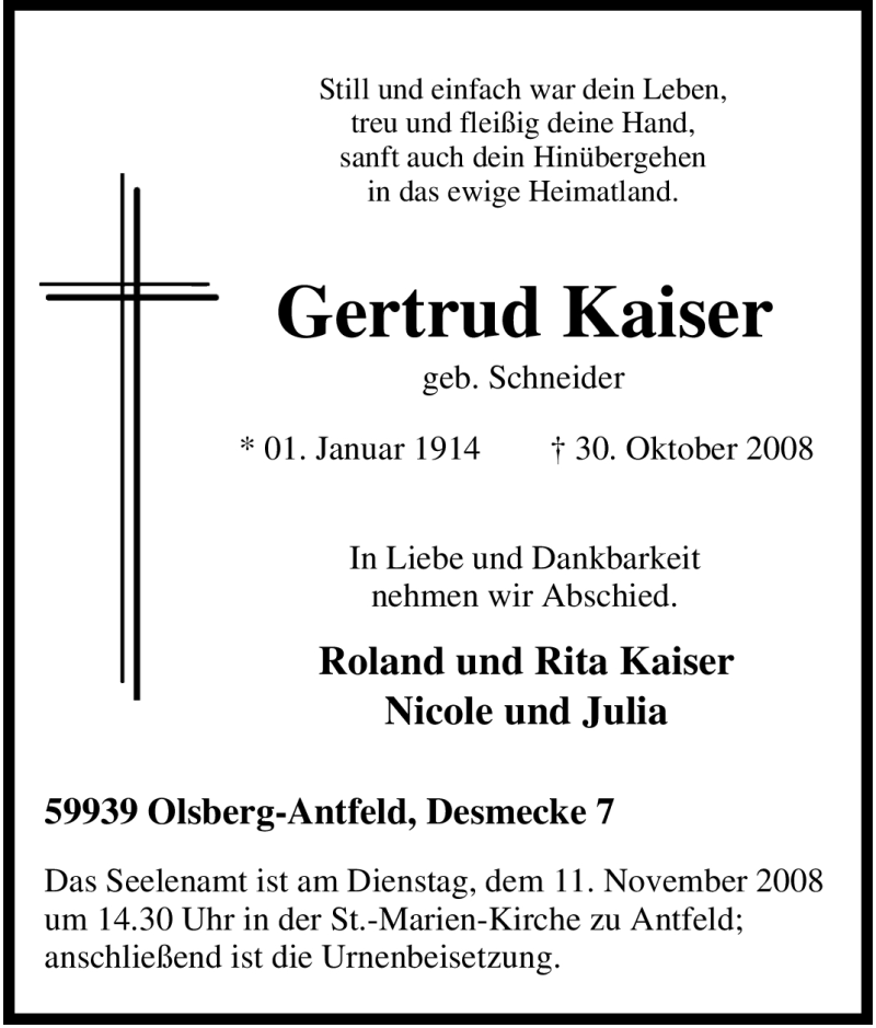  Traueranzeige für Gertrud Kaiser vom 01.11.2008 aus Tageszeitung