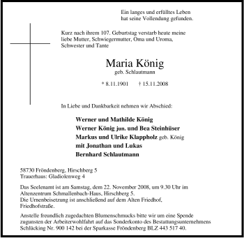 Traueranzeige von Maria König von Tageszeitung