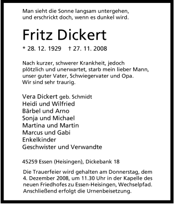 Traueranzeige von Fritz Dickert von Tageszeitung