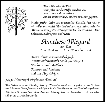 Traueranzeige von Anneliese Wiegard von Tageszeitung