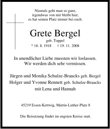 Traueranzeige von Grete Bergel von Tageszeitung