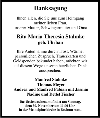 Traueranzeige von Rita Maria Theresia Stahnke von Tageszeitung