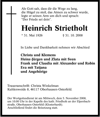 Traueranzeige von Heinrich Strietholt von Tageszeitung