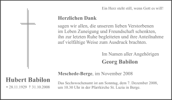 Traueranzeige von Hubert Babilon von Tageszeitung